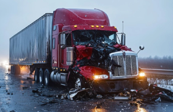 Wrecked semi-truck after a serious commercial truck accident on an Ohio highway.