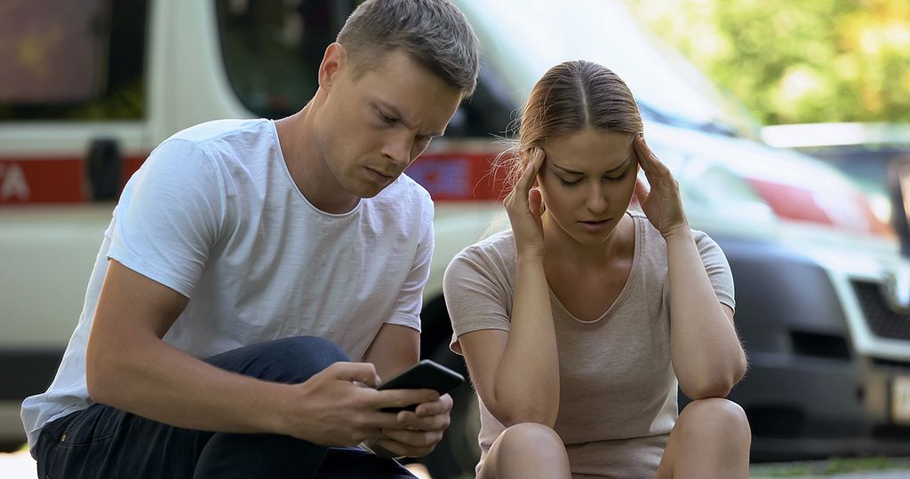 Woman Suffering Headache, Not Indifferent Man Calling Ambulance,