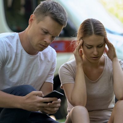 Woman Suffering Headache, Not Indifferent Man Calling Ambulance,
